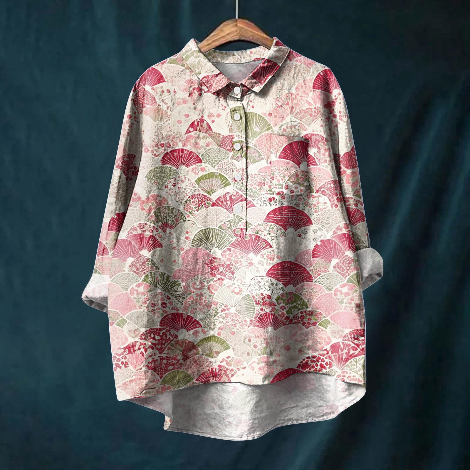 

Женская рубашка с длинным рукавом, на пуговицах, винтажный цветочный принт, повседневный подол, неровный, рубашечный воротник, топ S розовый