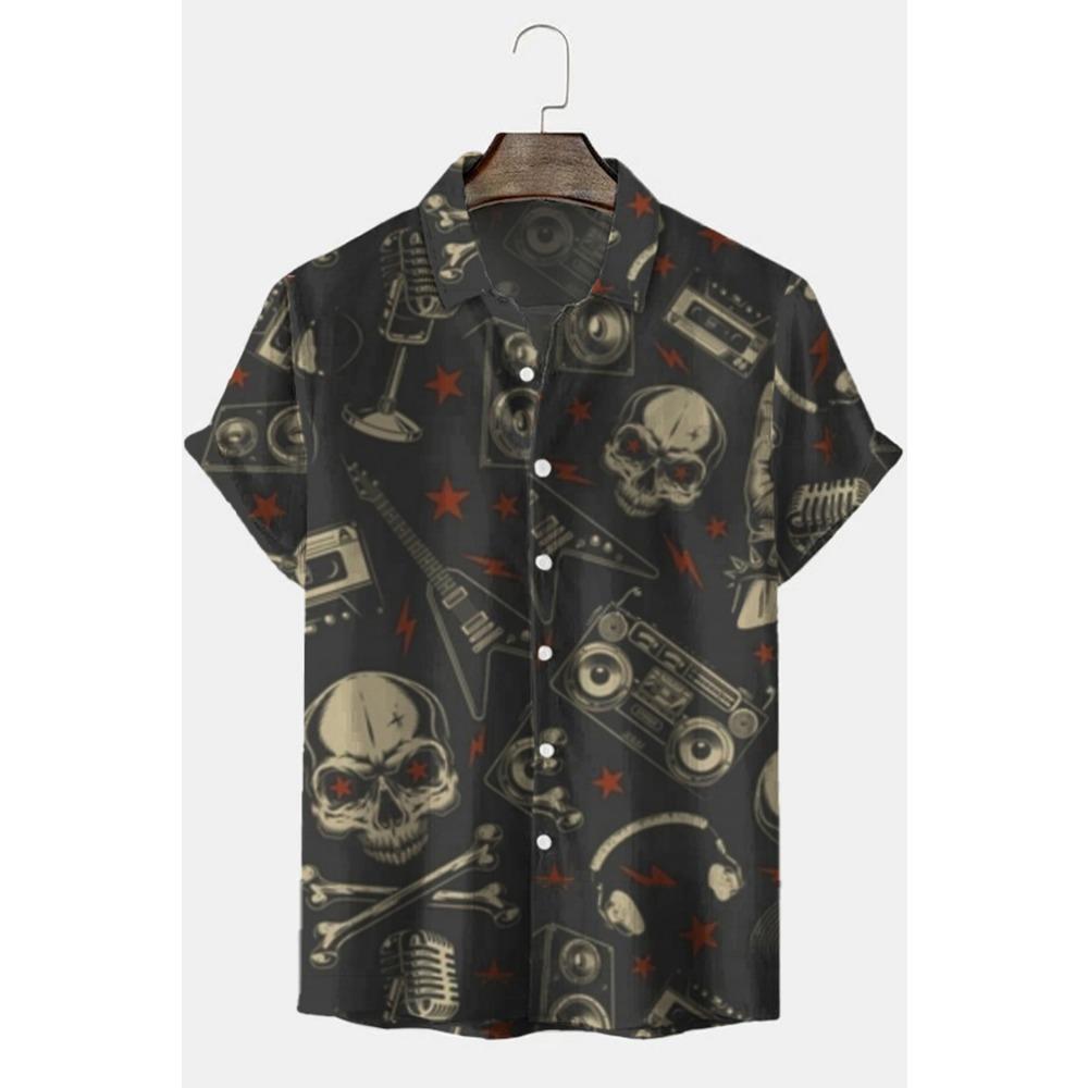 Hawaiian Shirt For Men Rose Skull 3d Printed Beach Shirt Short Sleeve Button Casual Men's Skull Shirts Top