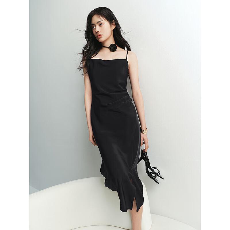 Taiping Niao Women's Black Pearl Cowl Neck Slip Dress