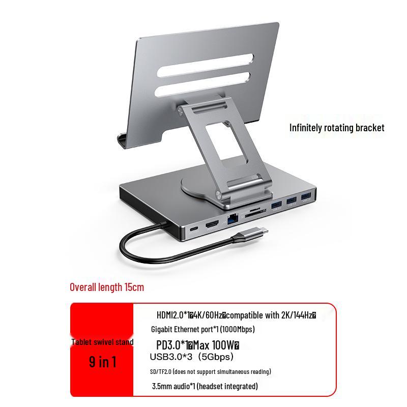 4K60Hz USB-C Docking Station with Gigabit Ethernet, USB 3.2 Splitter, Rotating Mobile/Tablet Bracket Expansion Dock
