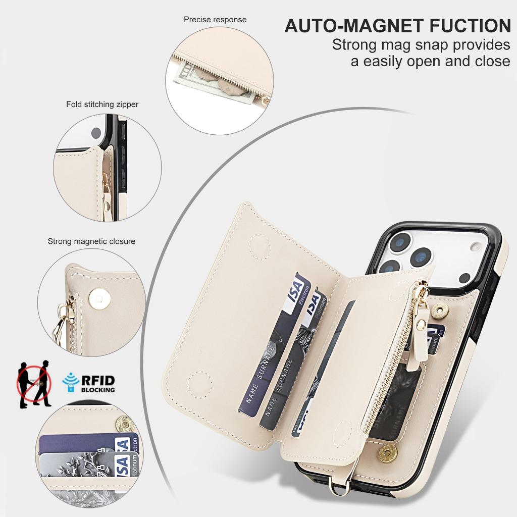 Crossbody Leather Wallet Phone Case For iPhone 17 Pro Max Air 17e 16e 15 14 Plus 13 12 Mini 11 Card Holder Wrist Strap Cover
