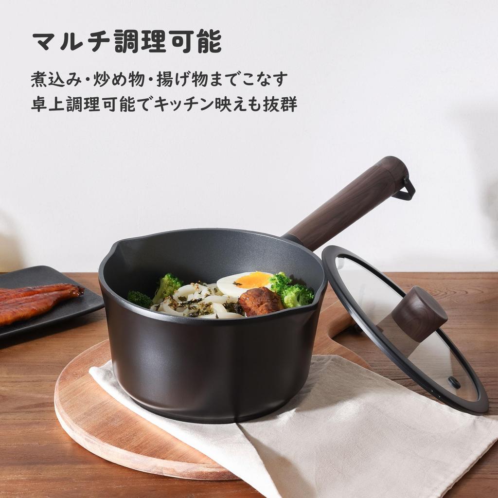 Sensarte 20cm Saucepan with Tempura Milk Easy To Dishwasher Suitable for Black Single-Handle Lid, IH/Gas Compatible, Single-Serving Pot, Saucepan,