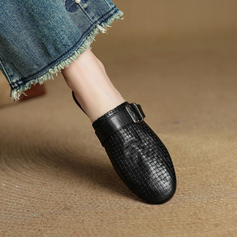 Fashion 2025 New Summer Women Mules Genuine Leather Women Shoes Round Toe Chunky Heel Shoes Cover Toe Slingback Sandals Slippers