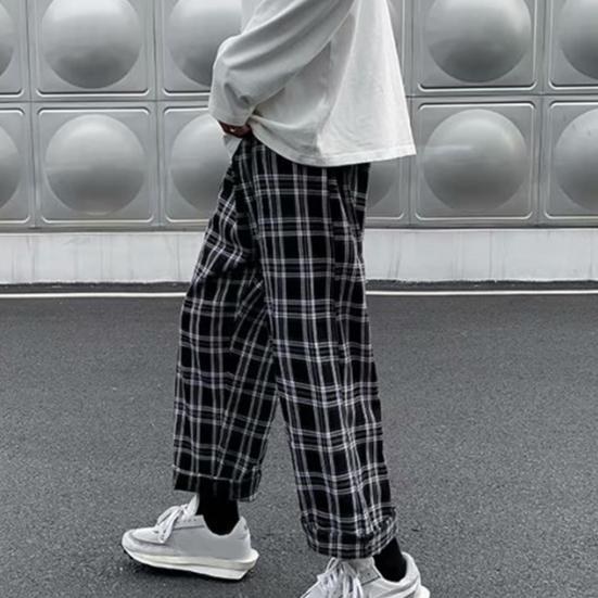 Men Pants Plaid Streetwear Wide Leg Elastic Waist Loose Sports Pants Trousers for Autumn