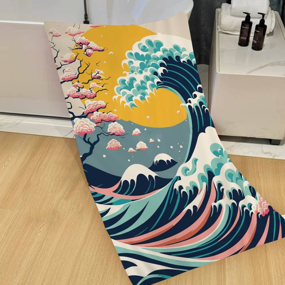 Wave Landscape Japanese Wall Art Beach Towel Bath Towels for Girl Microfiber Quick Dry Custom Sand Free Beach Yoga Spa Gym Pool