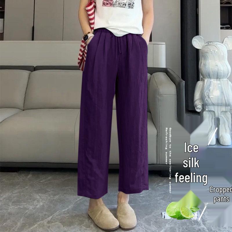 High-Waisted Cropped Ice Silk Trousers for Women - Summer Straight-Leg Sun Protection Pants 2026