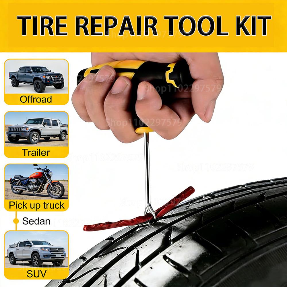 Tire Repair Kit Emergency Tyre Puncture Plug Tool Set with Repair Glue & Rubber Strips for Car Motorcycle Bicycle