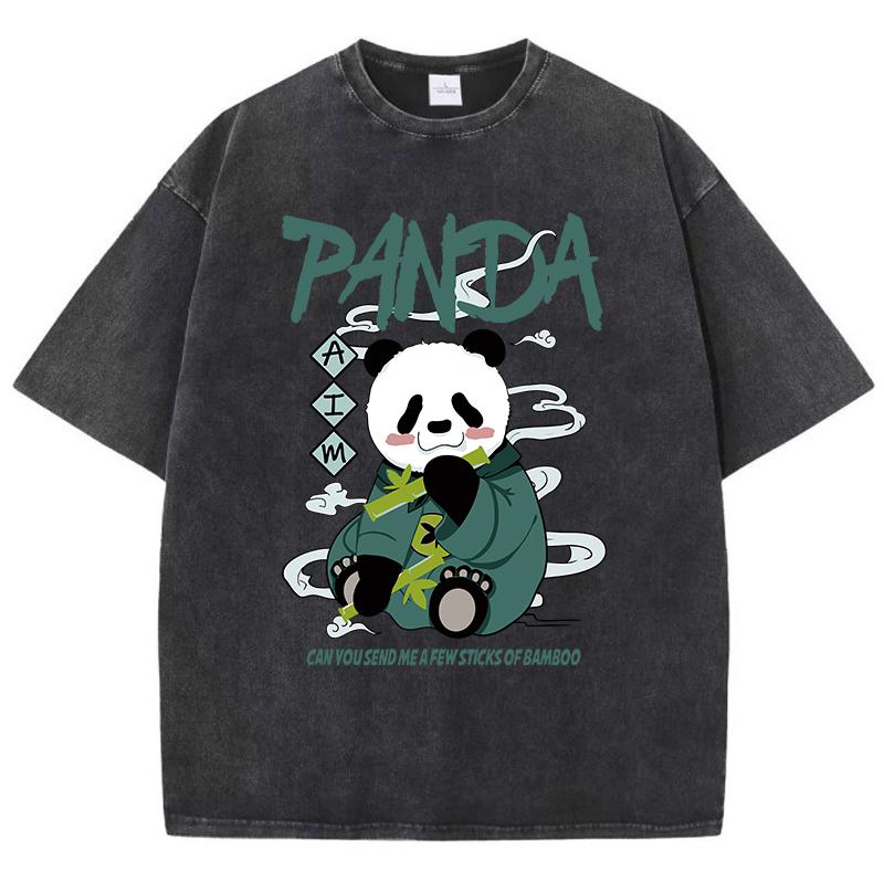 Oversized Women Washed T-Shirts Kawaii Cartoons Panda Printed Tee Shirts Distressed Crewneck Cotton Tees Clothes