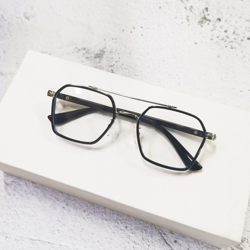 Anti-Blue Glasses Transparent Frame Retro Double Beam Pilot Flat Light Eye Frame Can Be Equipped With Degree Women'S Myopia Glasses