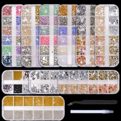 12-Grid Colorful Pearl Nail Art Decorations: Mixed-Size, Full/Half Round, Flat-Back Pearls for DIY.