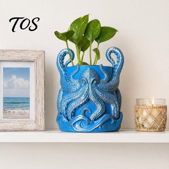 Unique Ocean Retro Flower Pot 3D Printed Octopus Planter, Artistic Coastal Plant Pot, Decorative Durable Relief Container for Cactus, Succulents, Desk