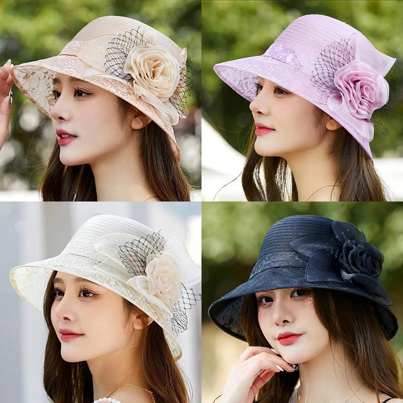 New Eugen yarn mesh yarn hat women's summer lace flower sunshade basin hat for the elderly outdoor sunscreen mother hat
