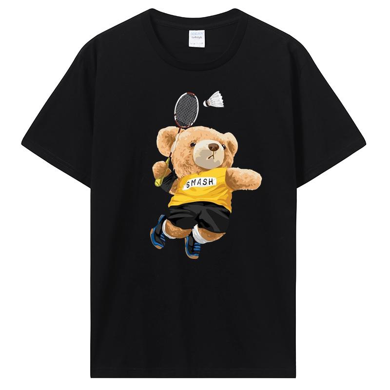 Teddy Bear Playing Badminton Tshirt Exercise Clothing T-shirt Graphics Kawaii Men Women Short Sleeve Printed T Shirt Top Tees