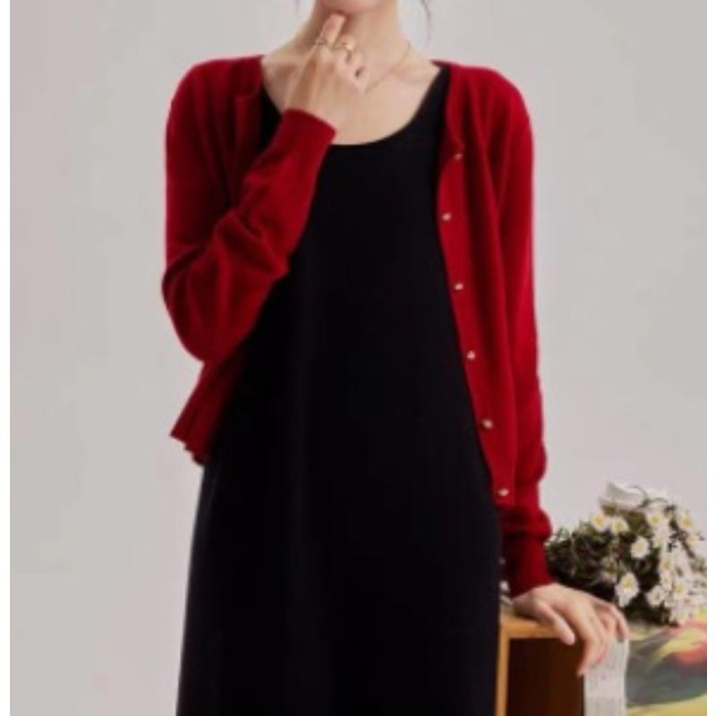 Solid color crew neck knitted cardigan women's spring and autumn new design sense long sleeve sweater jacket top trendy