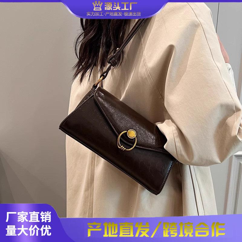 Dark Brown Oil Wax Leather Baguette Crossbody Bag For Women Vintage Style Shoulder Bag With Metal Ring Buckle For Daily Use
