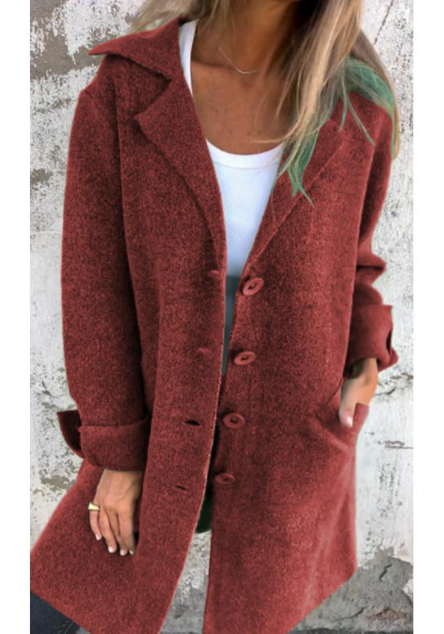 Elegant European Style Mid-Length Women's Solid Color Lapel Pocket Cardigan Coat