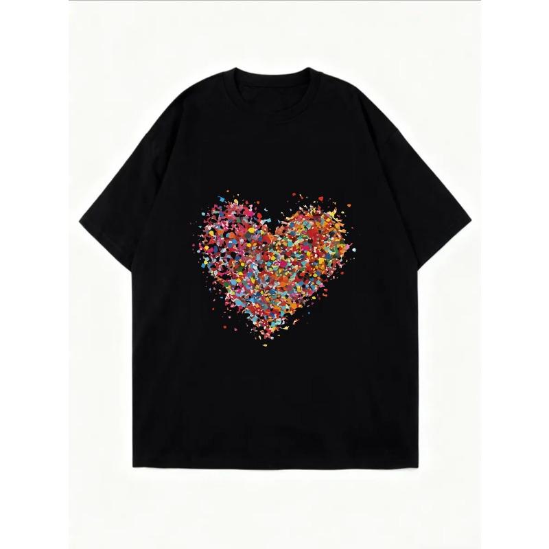Oversized T-Shirt with Colorful Confetti Collage Heart Print – Vibrant Colorful Edgy-Sweet Top