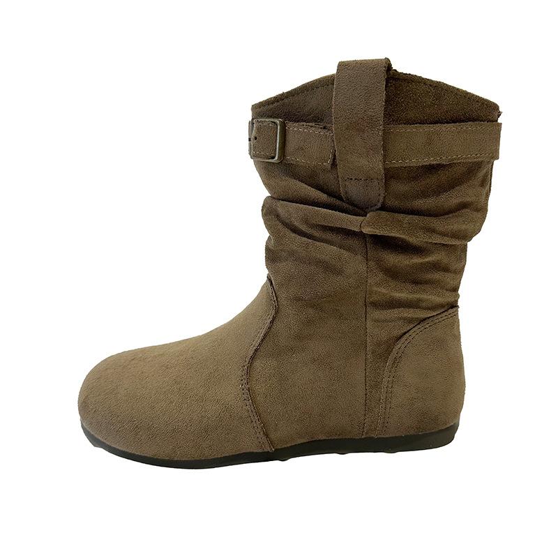 [Fanfna] Retro Versatile Thin Boots Korean Version Round Head Flat Bottom Short Boots Women's Fashion Pleated Stacking Boots