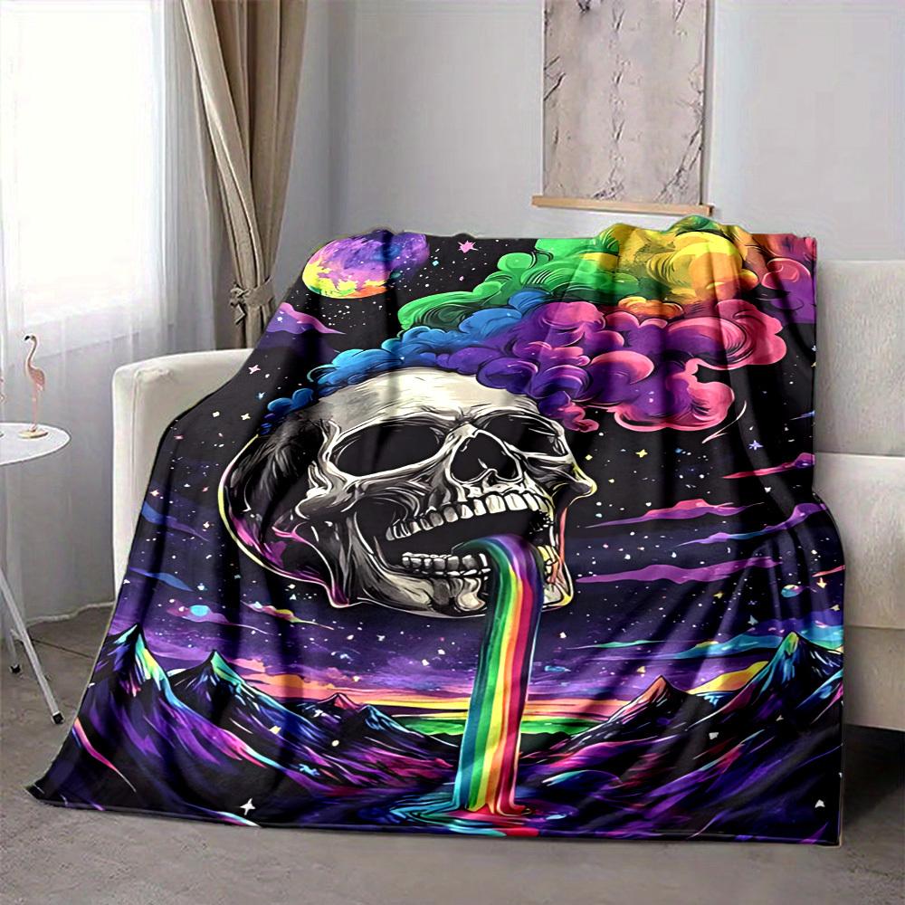 1pc Skull Rainbow Blanket, Lightweight Flannel Throw Blanket For Sofa, Bed, Travel221