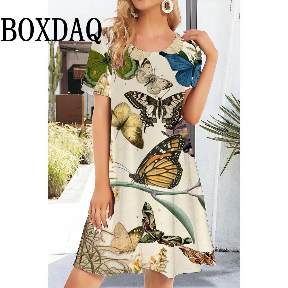 2025 Fashion Personality Butterfly Pattern 3D Printed Round Neck Short-sleeved Dress