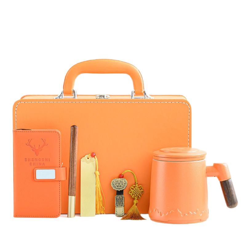 Orange Leather Gift Box: Ceramic Mug Set with Lid & Tea Infuser, Customizable Business Gift.