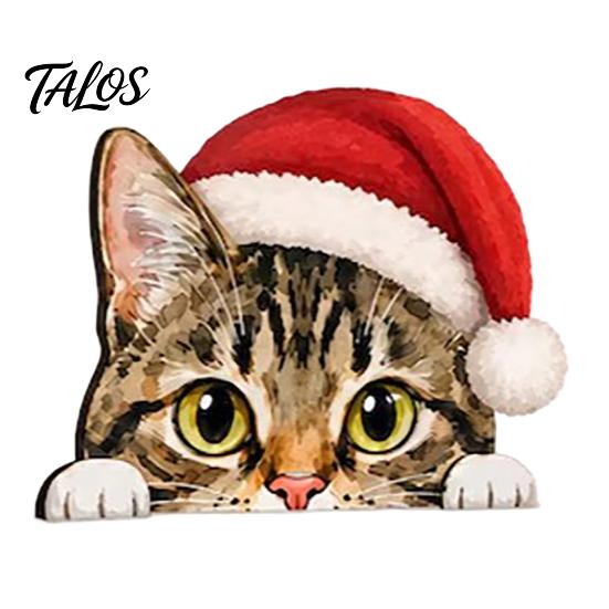 Holiday Table Decoration Cute Cat Shelf Sitter, Wooden Christmas Hat Peeking Desk Figurine, Funny Animal Centerpiece Sign, Lover Gift for Home Office