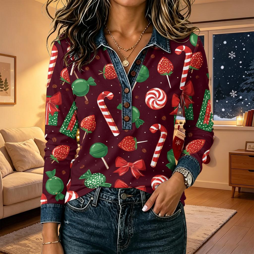 Women's Casual Long Sleeve Top Loose Fit Christmas Print Patchwork Shoulder