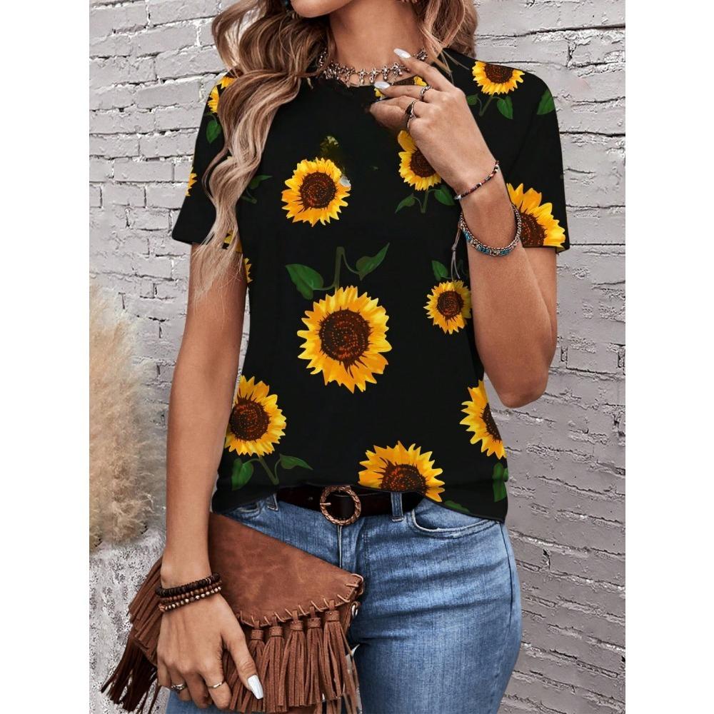 Camiseta de Mujer de Moda con Cuello Redondo y Manga Corta, Estampado Digital 3D con Patrón Floral Personalizado