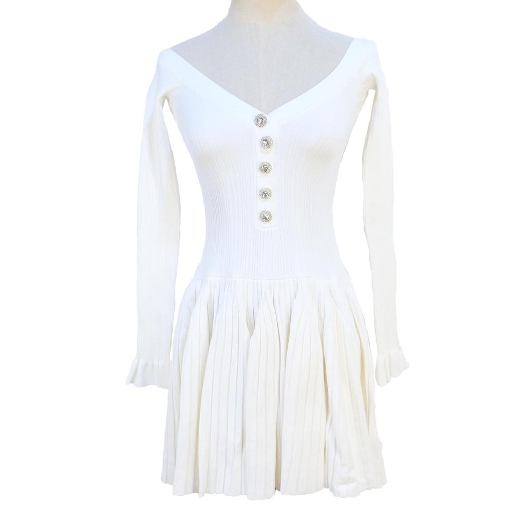 French Niche Spring/Summer Celebrity Style Knitted Dress with Off-Shoulder Bell Sleeves