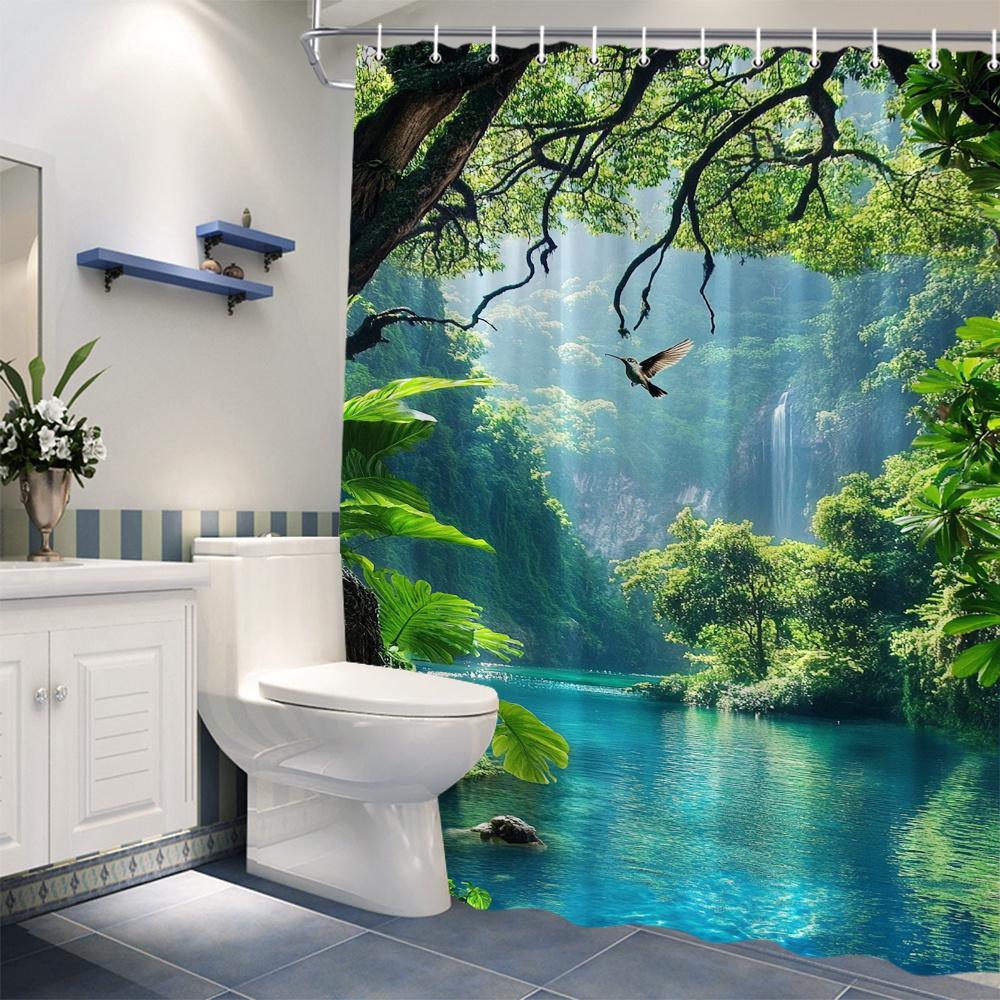 Transform Your Bathroom with This Waterproof Shower Curtain Featuring a Lush Tropical Paradise for a Relaxing Escape