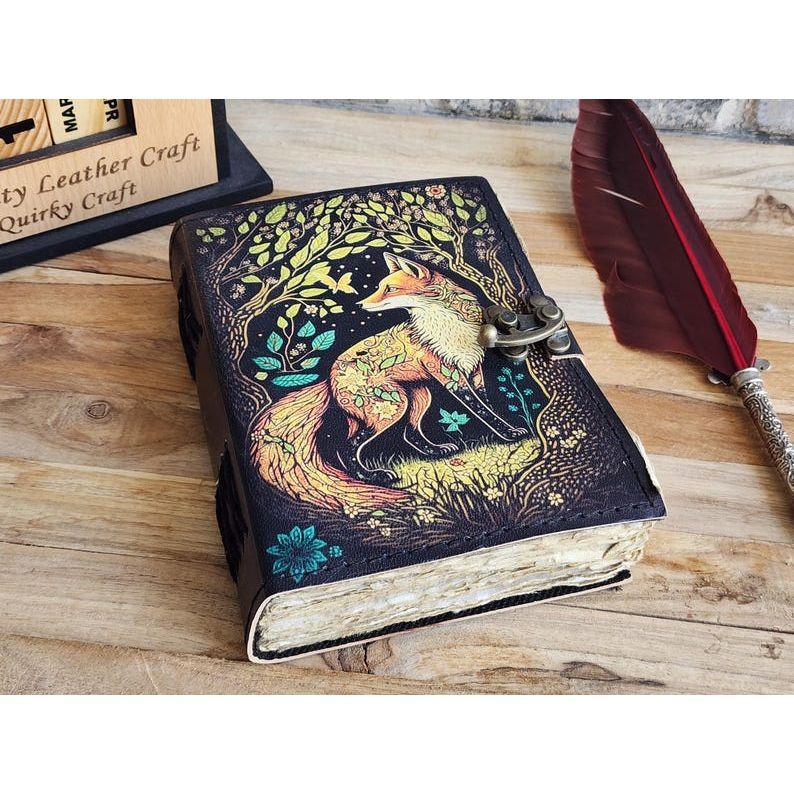Fox Leather Vintage Look Handmade Leather Journal, Grimoire Fat Journal Blank Spell Book of Shadows Celestial Christmas Gifts