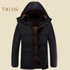 Men Cotton Coat Stand Collar Hooded Long Sleeve Zipper Buttons Placket Jacket Coat Solid Color Thickened Plush Lining Mid-Length Jacket