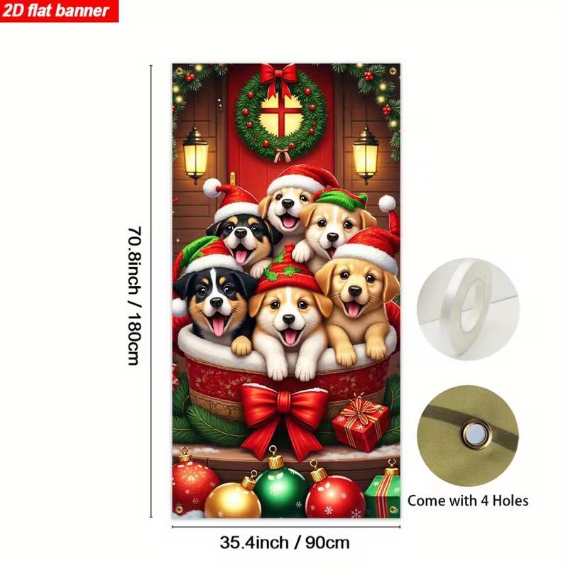 2D Christmas Puppy Door Cover, Cute Dogs with Santa Hats Party Background