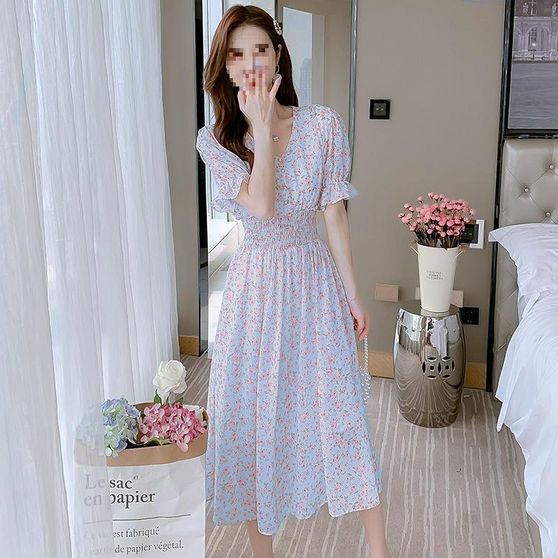 Short-sleeved Chiffon Dress Children's Korean Version Summer New Ins Super Fairy V-neck Mori Wind Floral Fairy Medium and Long Dress