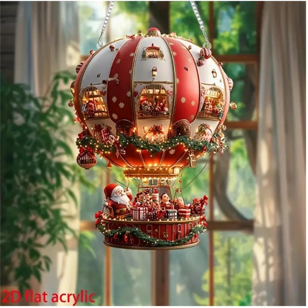 Weihnachts-Heißluftballon Weihnachtsmann Acryl flache Hängeornamente, Schlafzimmer- und Wohnzimmerwanddekoration mit Kette und Haken