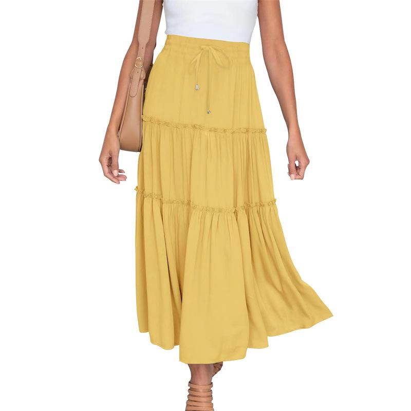 Women's Drawstring High Rise Midi Skirt Tiered Ruffle Maxi Skirt Casual Summer Long Skirt