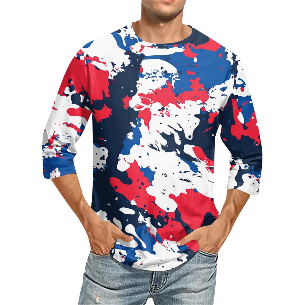 Men's Fashion Casual Independence Day Print  Neck Seven-point Sleeve Top T-shirt