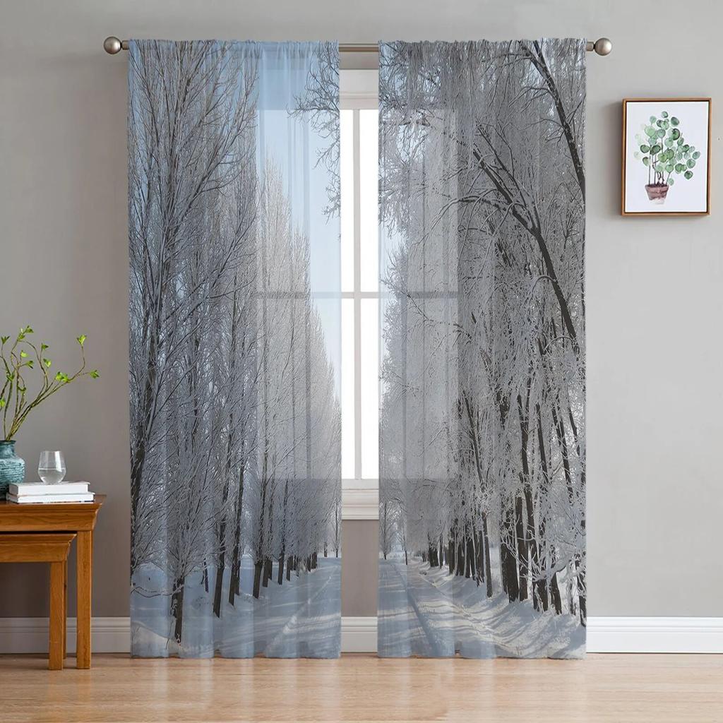 Winter Forest Tree Snowflake Semi Curtains Living Room Snowy Landscape Print Tulle Curtain Drapes Window Treatments Sheer Polyester Great Treatment