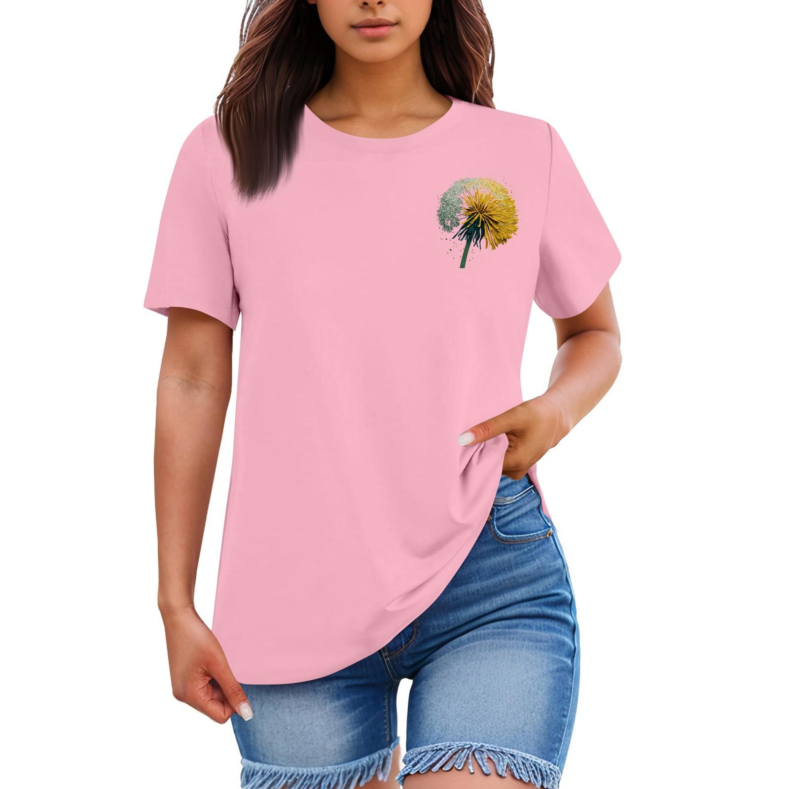 

Ladies Loose Comfortable Casual Fashionable Plant Flower Printed Round Neck Short Sleeved Shirt XXL рожевий