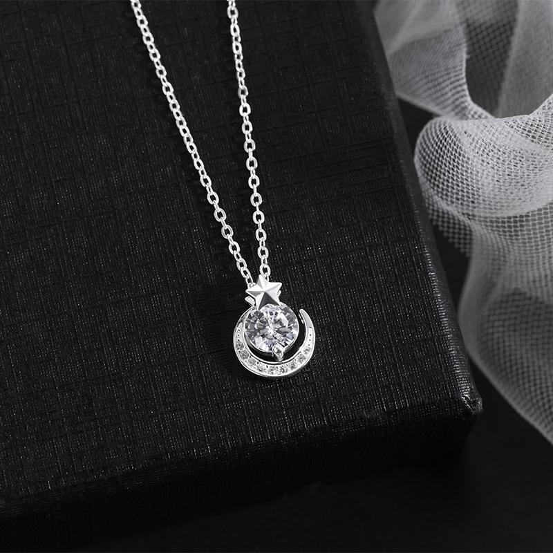 S999 Sterling Silver Star and Moon Zircon Necklace - Elegant Light Luxury Design for Women