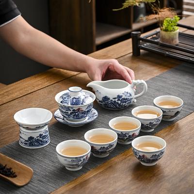 Gift Box Antique Blue and White Cover Bowl Tea Set Ten Heads Set Exquisite Guochao Tea Set Practical Gifts for Customers, Relatives and Friends