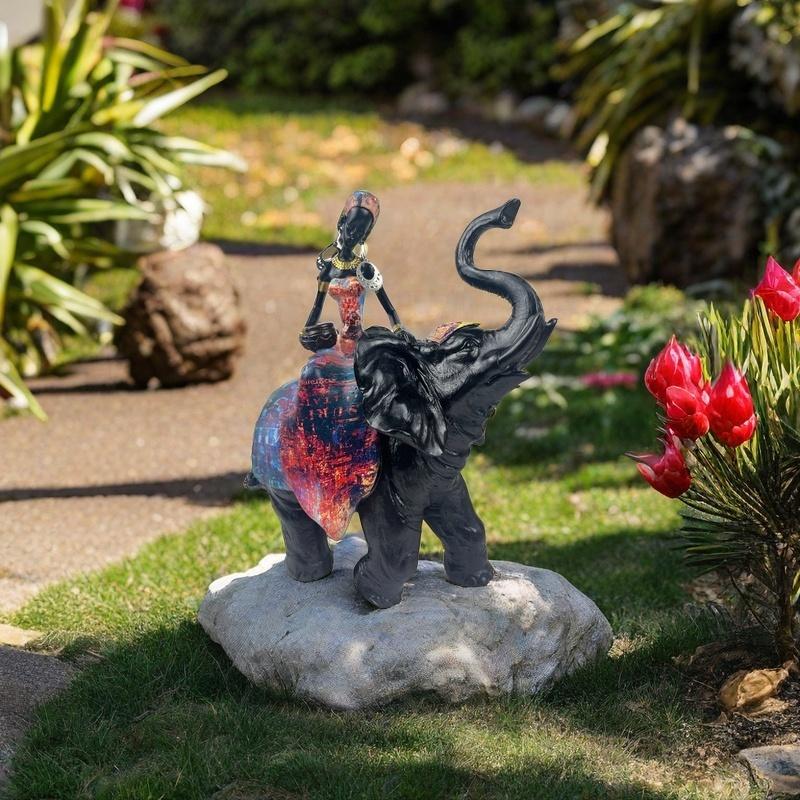 African Design Colorful African Elephant and Tribal Lady Figurines with African Tribal Totem, African Animal and Women Decor Art