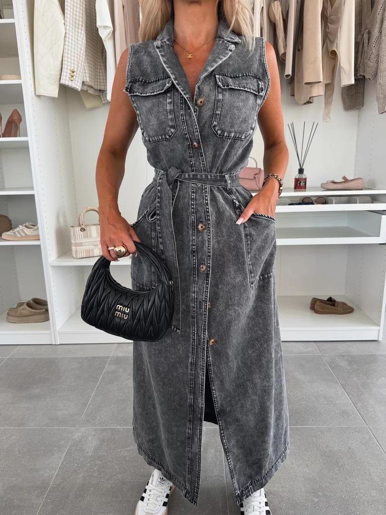 European & American Style Sleeveless Tie-Waist Denim Dress