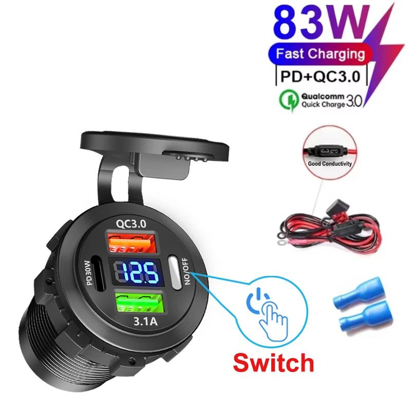 3 Ports Quick Charge Dual PD & QC 3.0 83W Car Charger Outlet Socket with Switch For 12V 24V Motorcycle Boat Marine Truck ATV