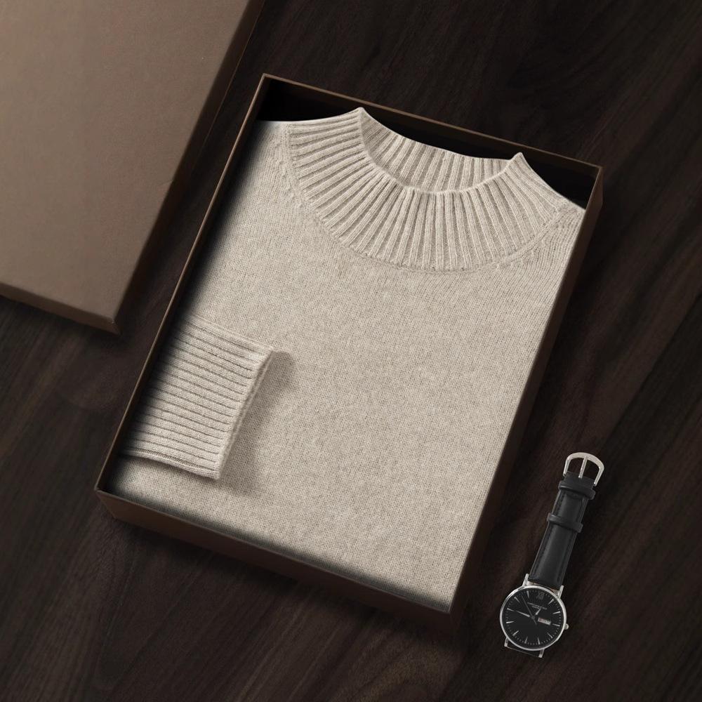 Semi-turtleneck cashmere sweater men's double-strand thickened solid-color sweater loose-knit wool