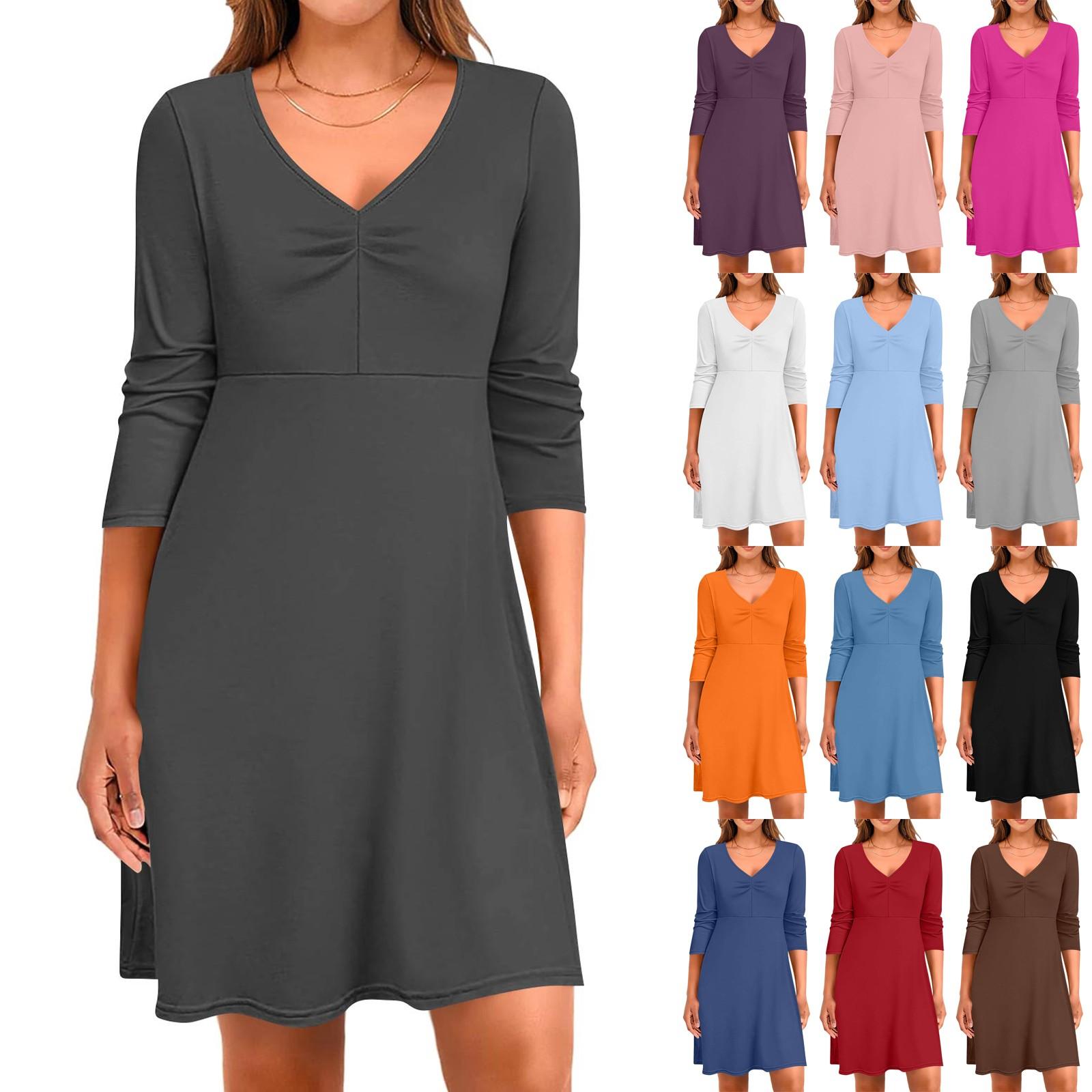 

Women s Casual Loose Comfortable Solid V-Neck 3/4 Sleeve Dress L помаранчевий