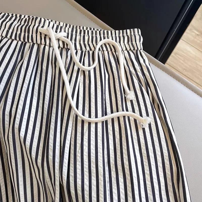 Women’s Summer 2026 Elastic Waist Striped Drawstring Casual Pants: Japanese & Korean Slimming Straight-Leg Style