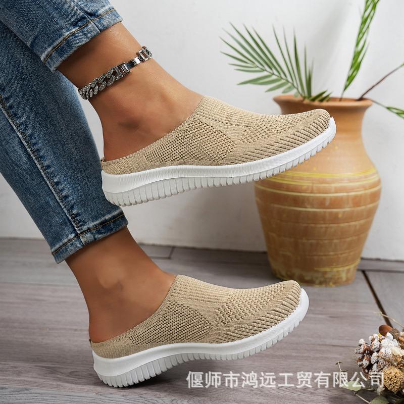 Women's Plus Size Half Slippers, Flying Woven Shallow Mouth Slip On Shoes, Breathable Casual Daily Ladies Flats