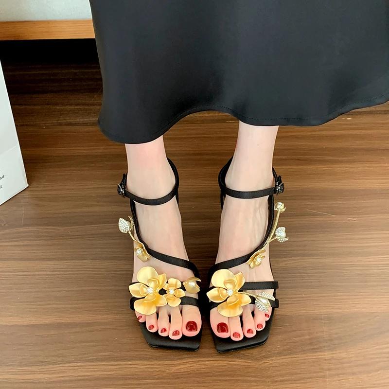 New Women's High Heels Sandals Thin Heels Flower Heel Wrap High Heel Dress Square Toe One-line Buckle Fashion Sandalias De Mujer