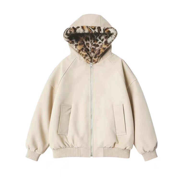 Men's Double-Sided Hooded Leopard Print Cotton Jacket with PU Leather, Thickened and Warm for Winter